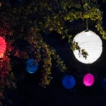 bunte leuchtende Laternen im Baum, nachts, Deko, outdoor